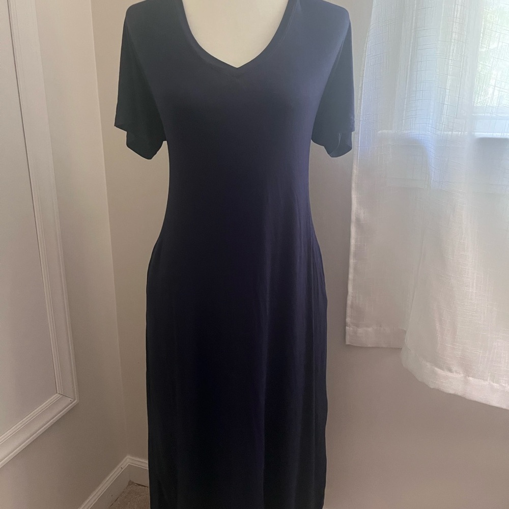 Huskary Navy Blue V-Neck Short Sleeve Maxi Dress with Pockets!